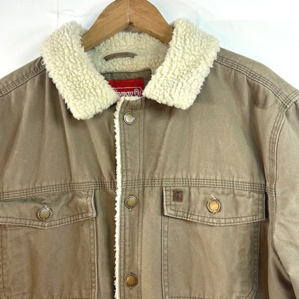 Coleman Gorpcore Sherpa Lined Canvas Jacket M Tan Workwear Rugged Trucker - Picture 2 of 8